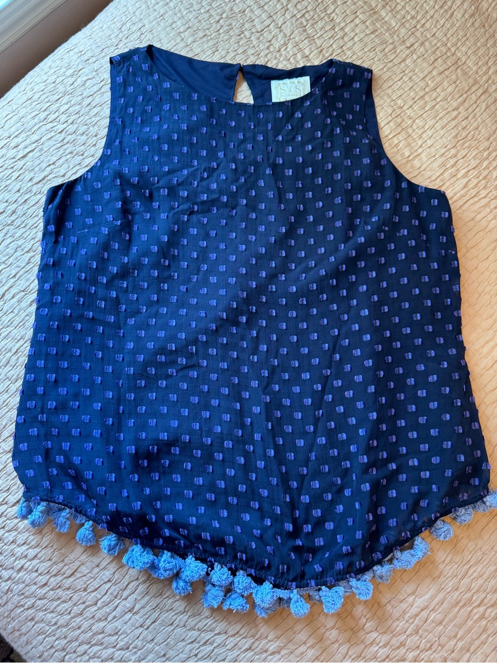 Sail to Sable Navy Sleeveless Silk Top w Pom Trim & Shimmery Accents, L